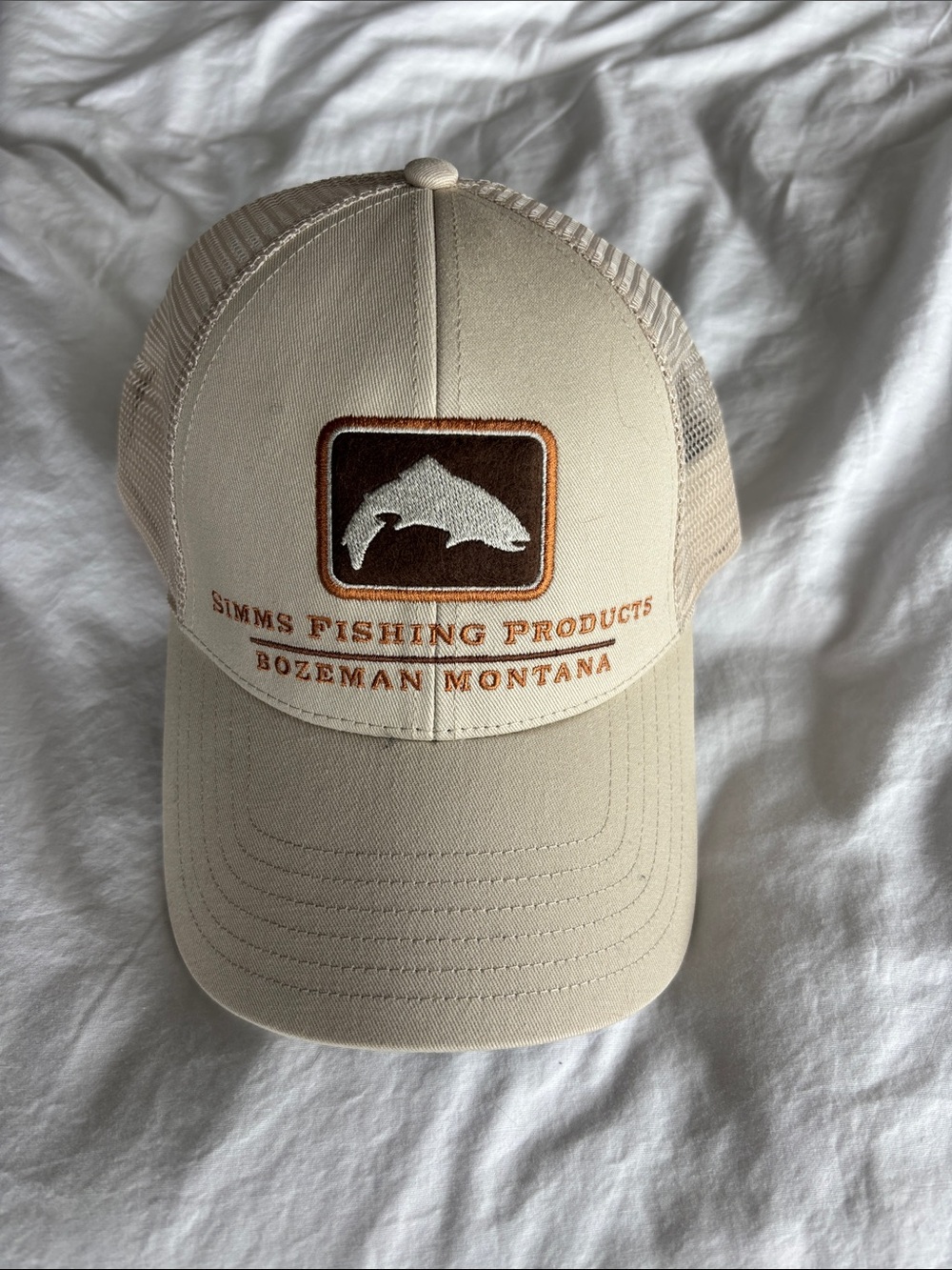 Simms Beige Mesh Back Fishing Hat with Brown Patch